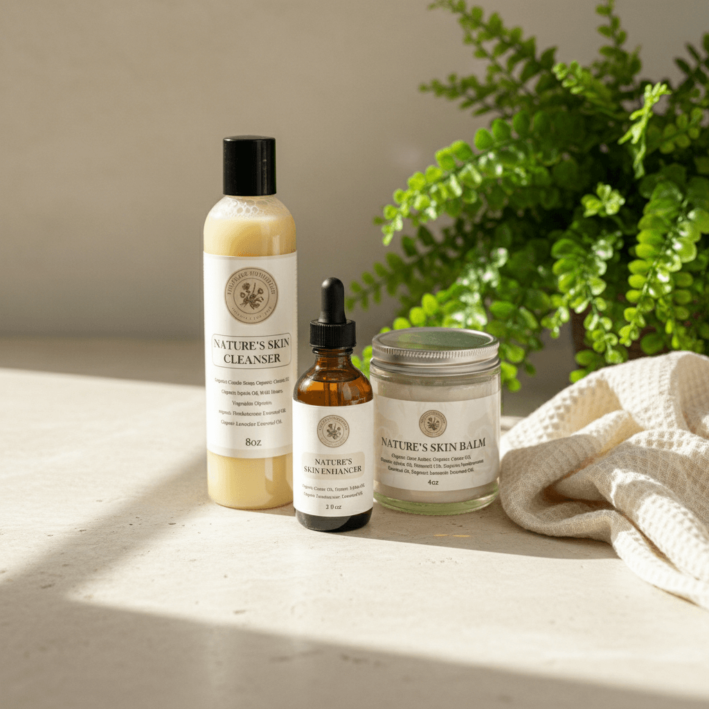Handmade skin care bottles and a jar beside a fern in soft sunlight