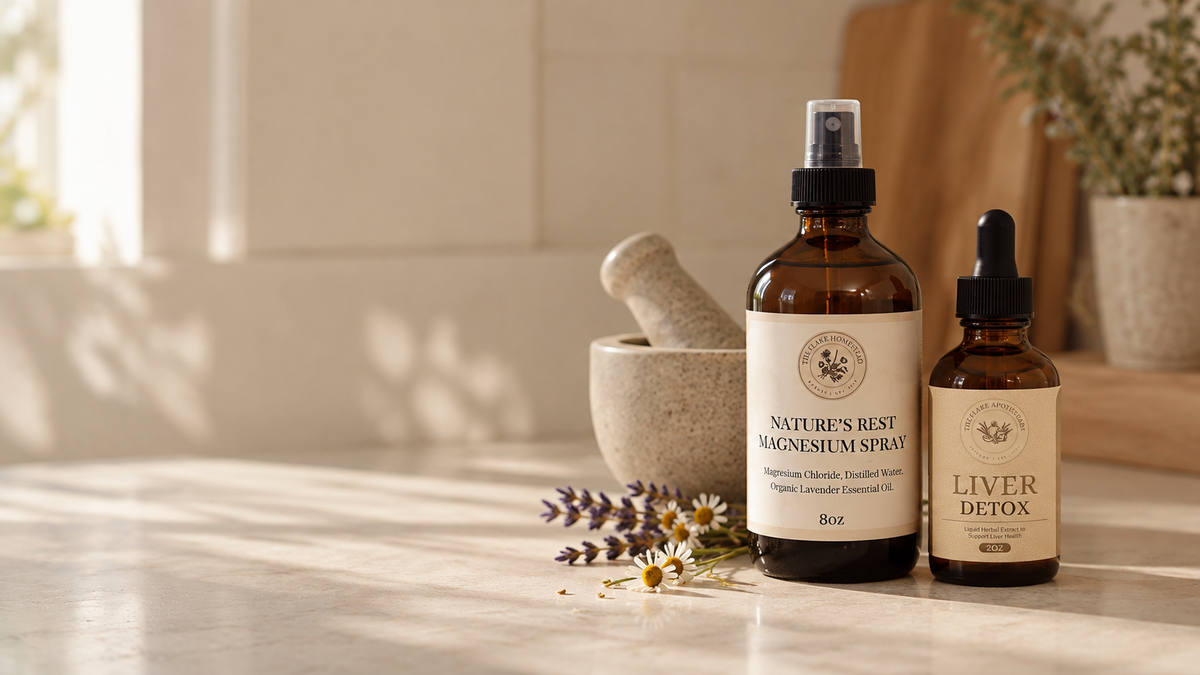 An amber spray bottle on a block of pale stone in warm light
